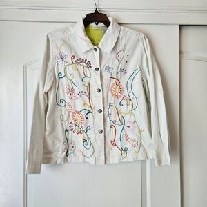 White‎ Stag White Denim Embroidered Jacket Womens Large 12/14 Coastal Grannie